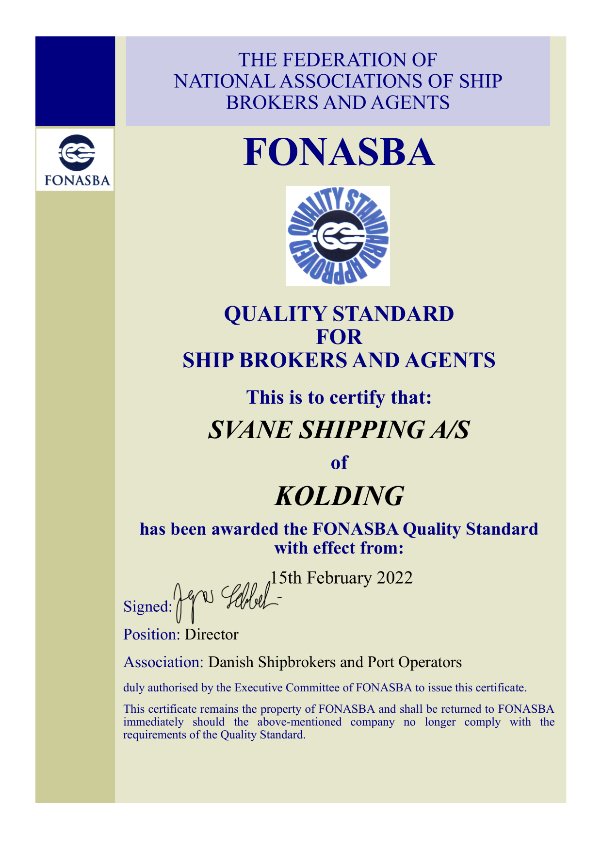 fonasba quality certificate 2022